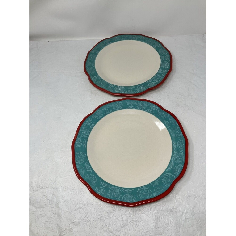2 Pioneer Woman Happiness Dinner Plates Blue 10.5" Red Scalloped Rim Starburst